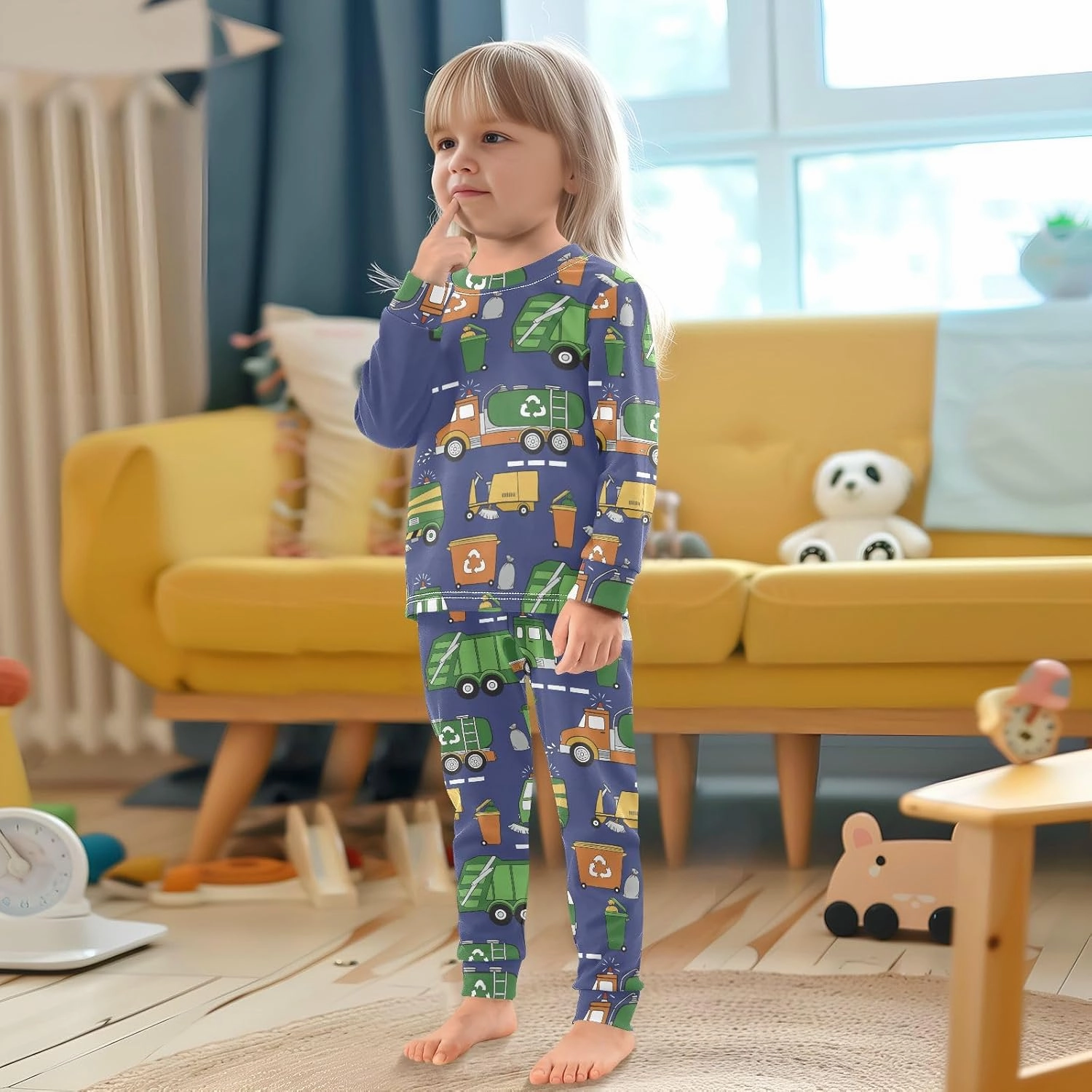 Pajama Sets Long Sleeve Hand Drawn Garbage Trucks Soft Comfy Sleepwear 2 Piece PJS 3-8T