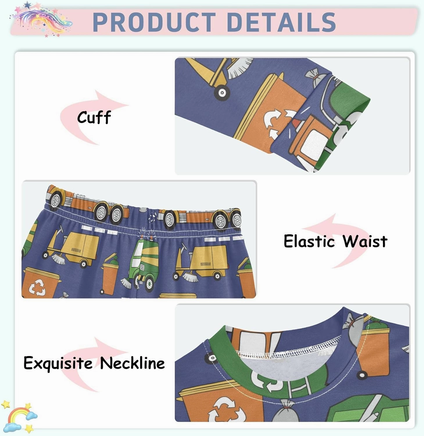 Pajama Sets Long Sleeve Hand Drawn Garbage Trucks Soft Comfy Sleepwear 2 Piece PJS 3-8T
