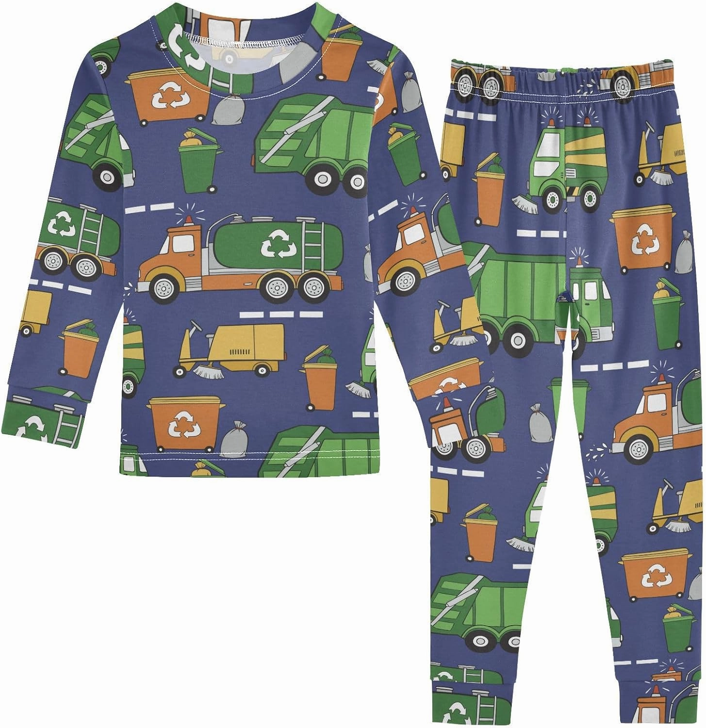 Pajama Sets Long Sleeve Hand Drawn Garbage Trucks Soft Comfy Sleepwear 2 Piece PJS 3-8T