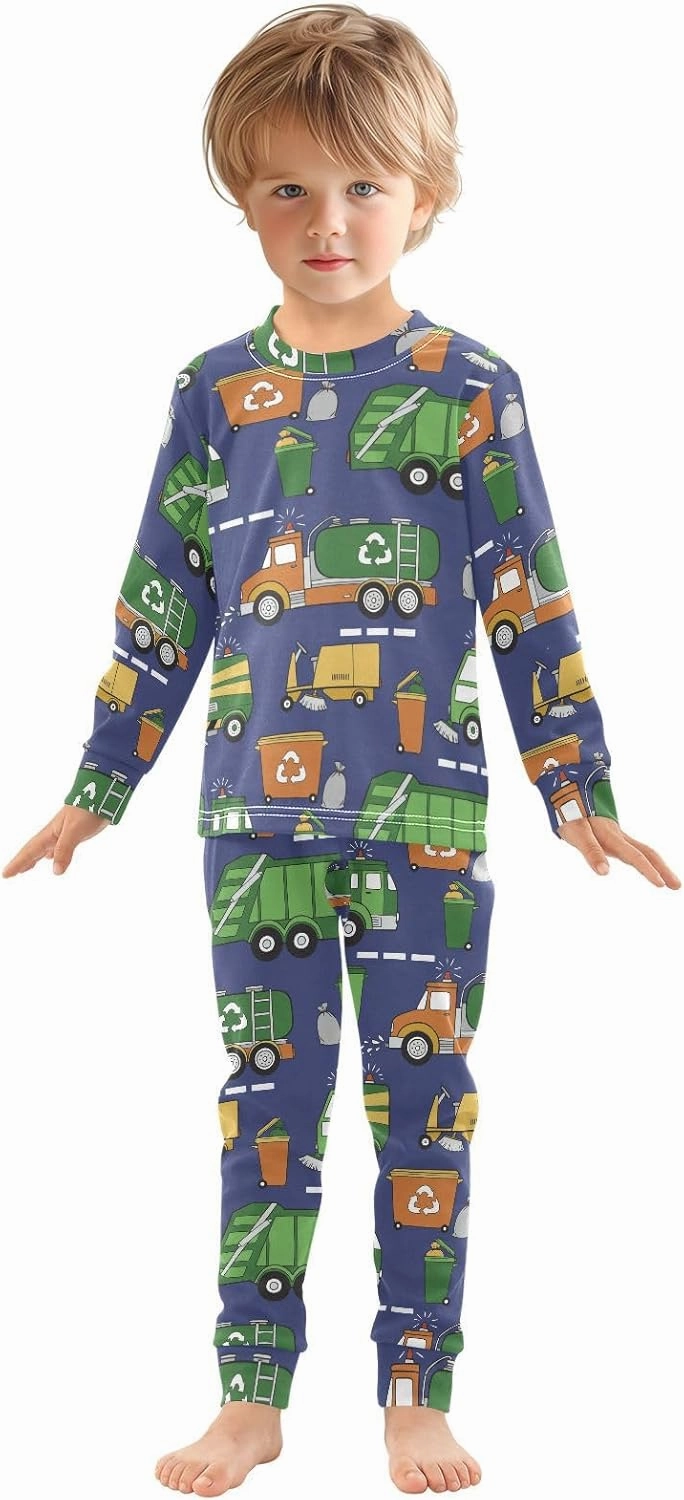 Pajama Sets Long Sleeve Hand Drawn Garbage Trucks Soft Comfy Sleepwear 2 Piece PJS 3-8T
