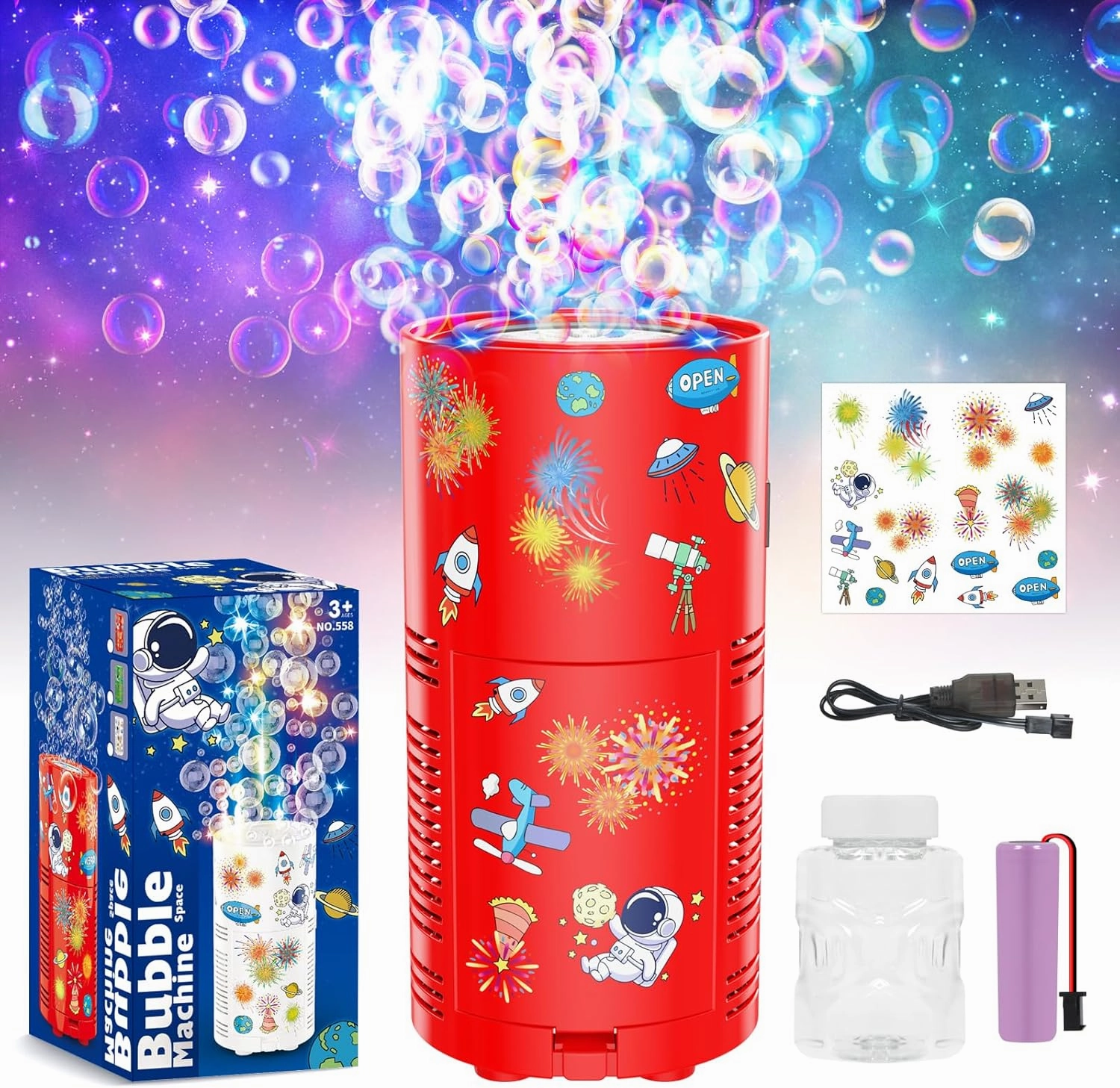 PANACARE Bubble Machine for Kids Fireworks Bubble Blower 10000  Bubble per Min/Lights/DIY Stickers/Rechargeable battery/80ml Solution Automatic Bubble Toy for Kids Summer Outdoor Party Wedding