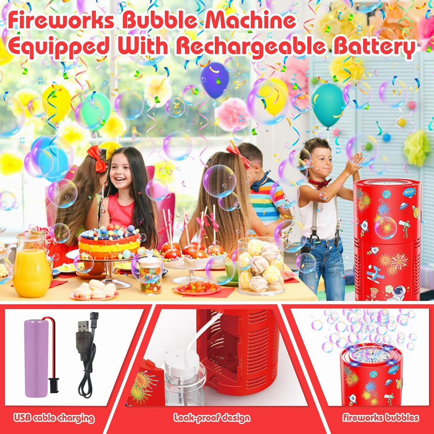 PANACARE Bubble Machine for Kids Fireworks Bubble Blower 10000  Bubble per Min/Lights/DIY Stickers/Rechargeable battery/80ml Solution Automatic Bubble Toy for Kids Summer Outdoor Party Wedding