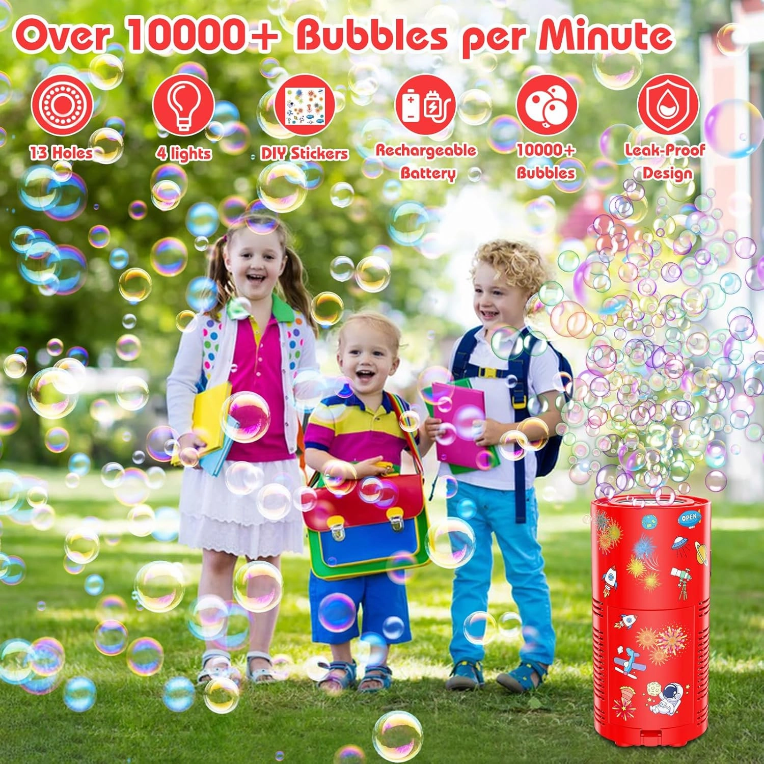 PANACARE Bubble Machine for Kids Fireworks Bubble Blower 10000  Bubble per Min/Lights/DIY Stickers/Rechargeable battery/80ml Solution Automatic Bubble Toy for Kids Summer Outdoor Party Wedding