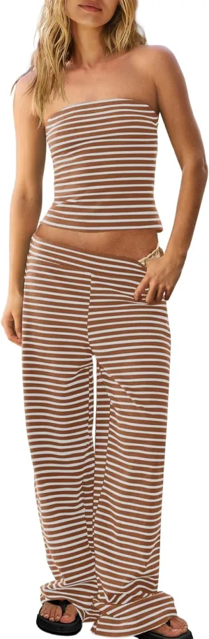 Panadila Womens Striped Two Piece Sets Summer Lounge Outfits Sailor Tube Top and Pants Matching Set Beach Vacation Travel Y2k
