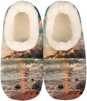 Pardick Fuzzy House Slippers for Women Men, Beach Lighthouse Anti-Slip Fleece Lined Shoes, Home Bedroom Indoor Slippers with Plush Lining, Lighthouse Warm Slippers