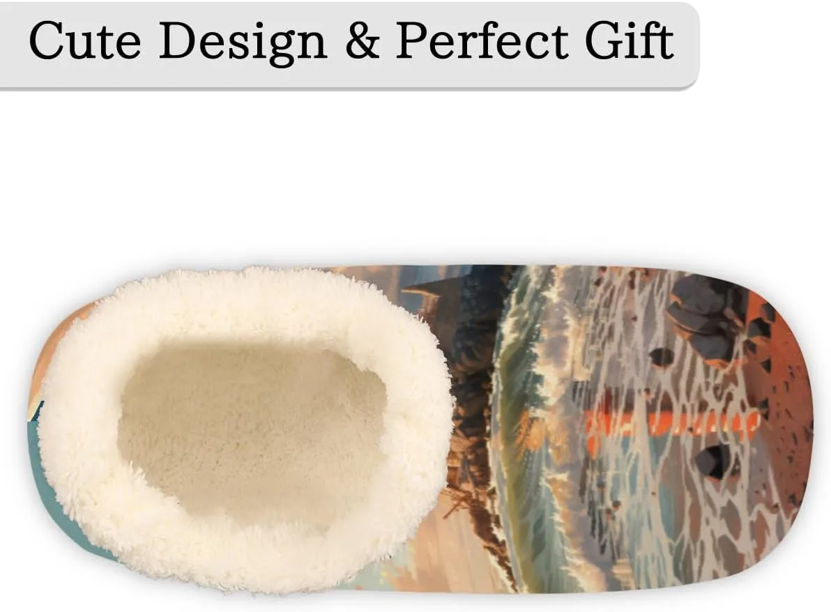 Pardick Fuzzy House Slippers for Women Men, Beach Lighthouse Anti-Slip Fleece Lined Shoes, Home Bedroom Indoor Slippers with Plush Lining, Lighthouse Warm Slippers