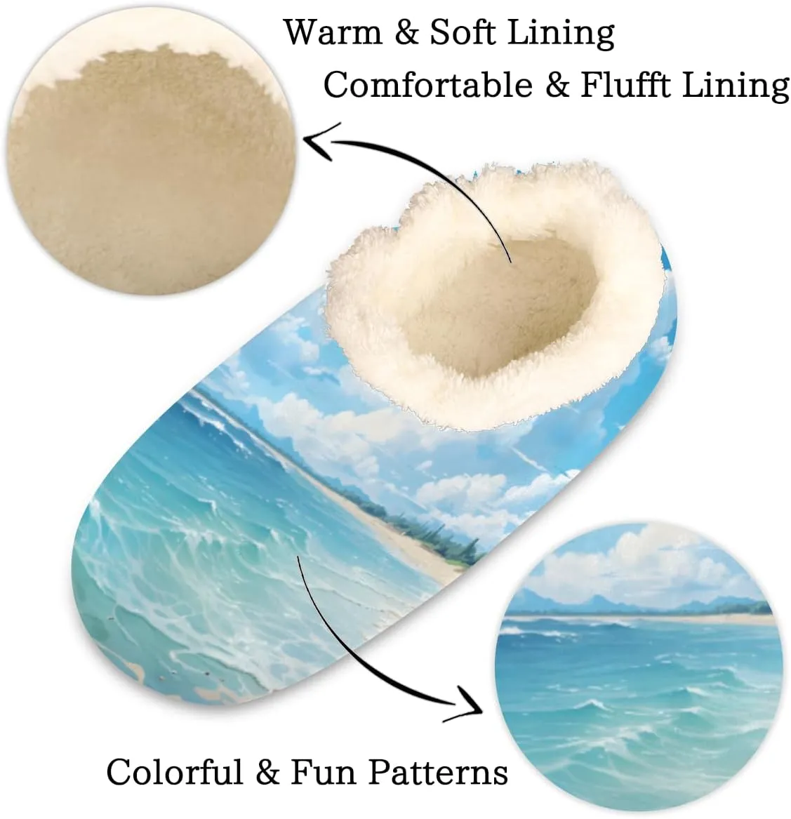 Pardick Fuzzy House Slippers for Women Men, Ocean Anti-Slip Fleece Lined Shoes, Home Bedroom Indoor Slippers with Plush Lining, Beach Seaside Warm Slippers