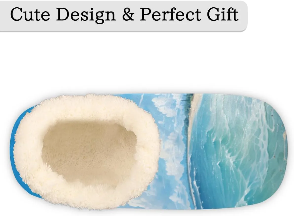 Pardick Fuzzy House Slippers for Women Men, Ocean Anti-Slip Fleece Lined Shoes, Home Bedroom Indoor Slippers with Plush Lining, Beach Seaside Warm Slippers