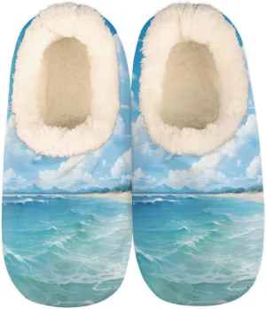 Pardick Fuzzy House Slippers for Women Men, Ocean Anti-Slip Fleece Lined Shoes, Home Bedroom Indoor Slippers with Plush Lining, Beach Seaside Warm Slippers