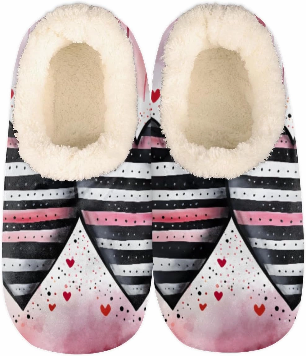 Pardick Fuzzy House Slippers for Women Men, Couple Hearts Anti-Slip Fleece Lined Shoes, Home Bedroom Indoor Slippers with Plush Lining, Stripe Warm Slippers