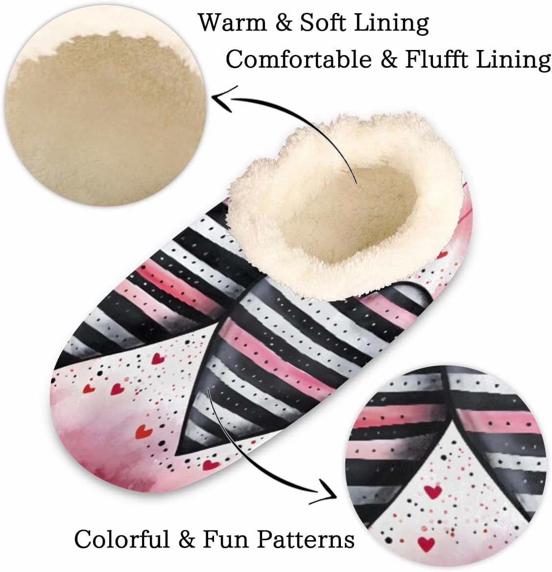 Pardick Fuzzy House Slippers for Women Men, Couple Hearts Anti-Slip Fleece Lined Shoes, Home Bedroom Indoor Slippers with Plush Lining, Stripe Warm Slippers