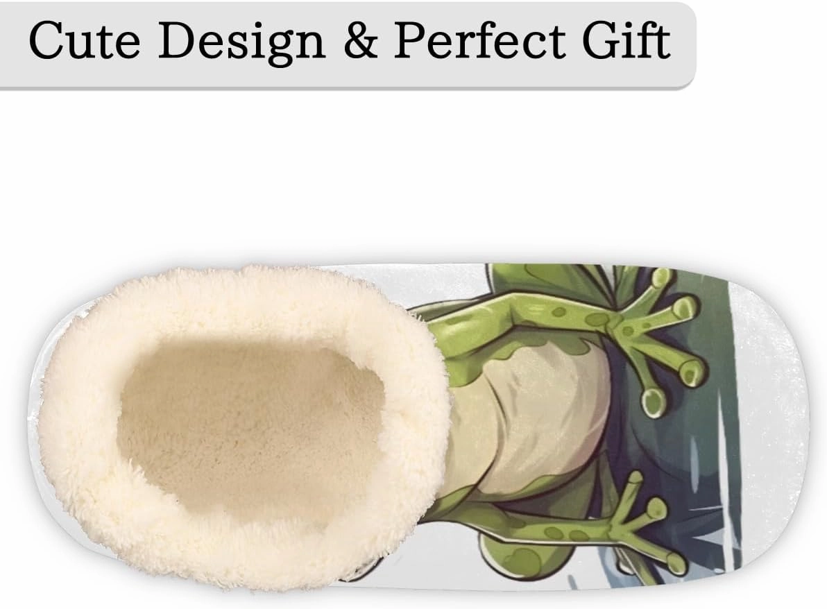 Pardick Fuzzy House Slippers for Women Men, Frog Anti-Slip Fleece Lined Shoes, Home Bedroom Indoor Slippers with Plush Lining, Green Frog Warm Slippers