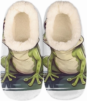 Pardick Fuzzy House Slippers for Women Men, Frog Anti-Slip Fleece Lined Shoes, Home Bedroom Indoor Slippers with Plush Lining, Green Frog Warm Slippers