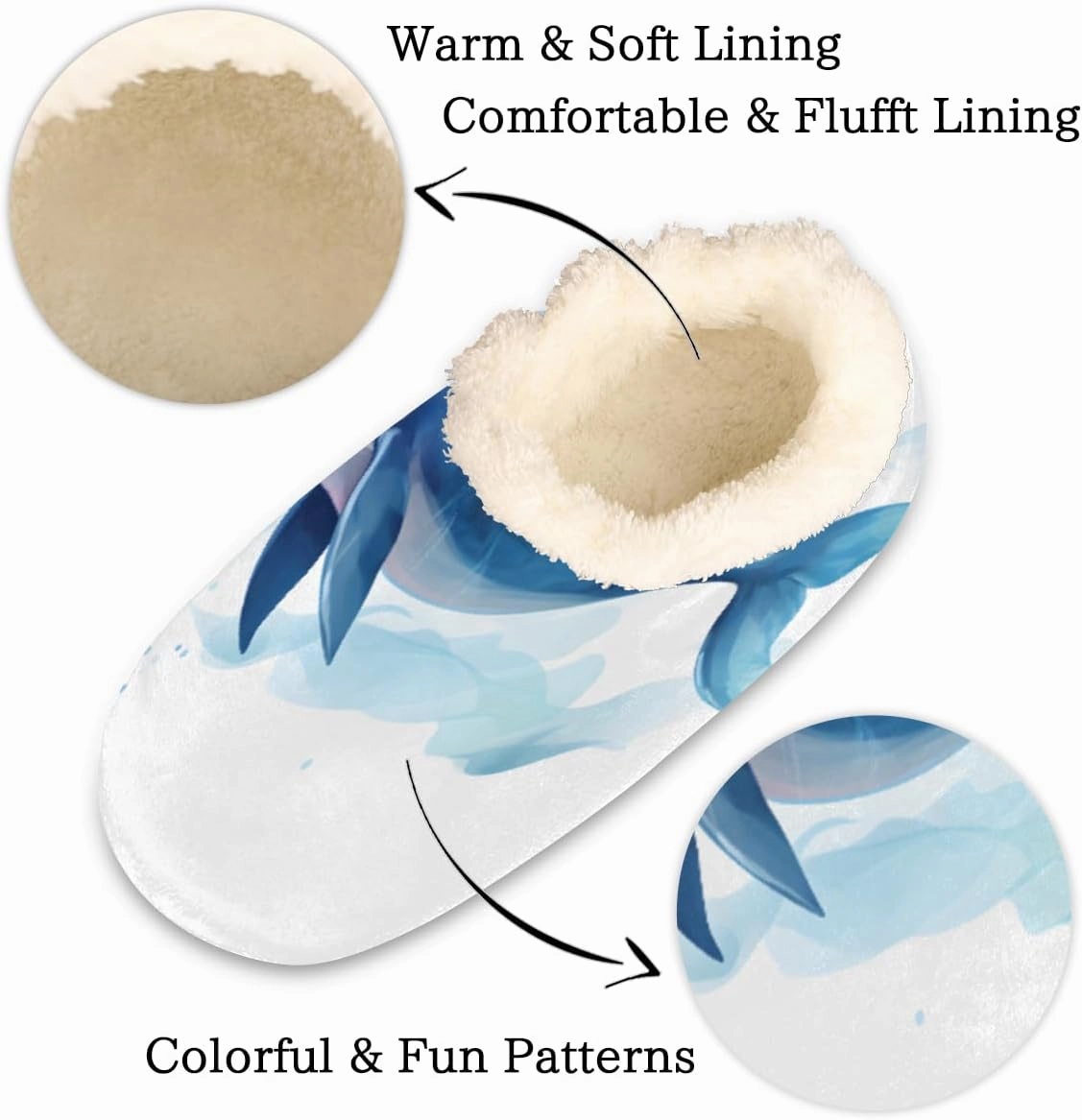 Pardick Fuzzy House Slippers for Women Men, Whale Anti-Slip Fleece Lined Shoes, Home Bedroom Indoor Slippers with Plush Lining, Ocean Whale Warm Slippers