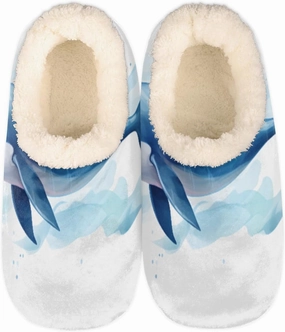 Pardick Fuzzy House Slippers for Women Men, Whale Anti-Slip Fleece Lined Shoes, Home Bedroom Indoor Slippers with Plush Lining, Ocean Whale Warm Slippers
