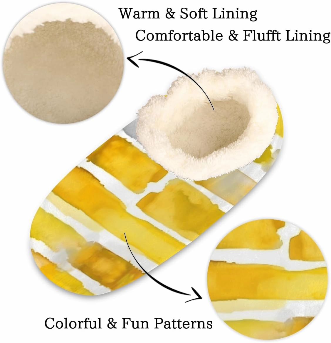 Pardick Fuzzy House Slippers for Women Men, Yellow Watercolor Anti-Slip Fleece Lined Shoes, Home Bedroom Indoor Slippers with Plush Lining, Abstract Stripes Warm Slippers
