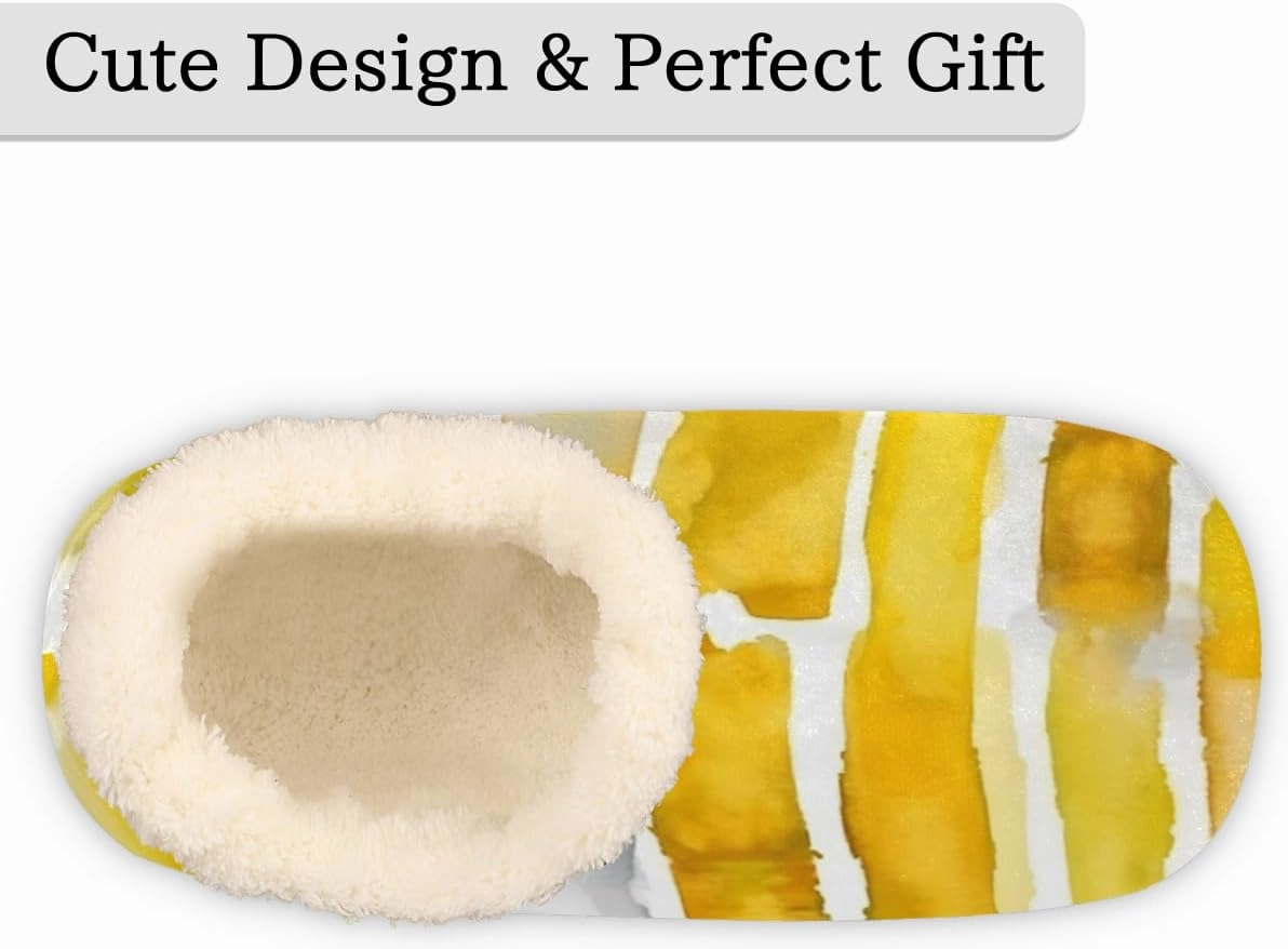 Pardick Fuzzy House Slippers for Women Men, Yellow Watercolor Anti-Slip Fleece Lined Shoes, Home Bedroom Indoor Slippers with Plush Lining, Abstract Stripes Warm Slippers