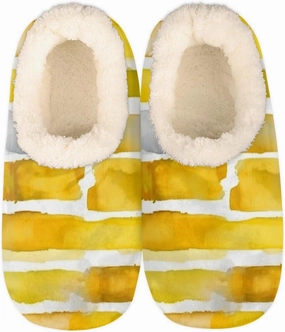 Pardick Fuzzy House Slippers for Women Men, Yellow Watercolor Anti-Slip Fleece Lined Shoes, Home Bedroom Indoor Slippers with Plush Lining, Abstract Stripes Warm Slippers