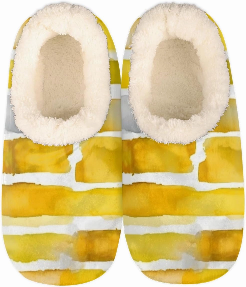 Pardick Fuzzy House Slippers for Women Men, Yellow Watercolor Anti-Slip Fleece Lined Shoes, Home Bedroom Indoor Slippers with Plush Lining, Abstract Stripes Warm Slippers