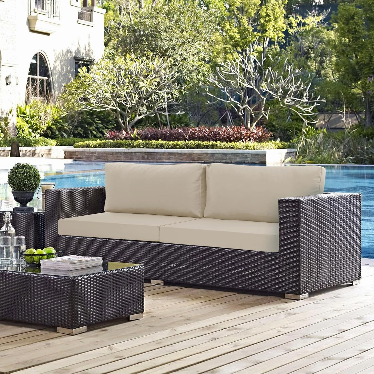 Patio Furniture Cushions Replacement, Outdoor Deep Seat Couch Cushion and Backrest Pillow with Waterproof Removable Cover for Sectional Sofa Set, 25.6 x 25.6 Inch, Cream