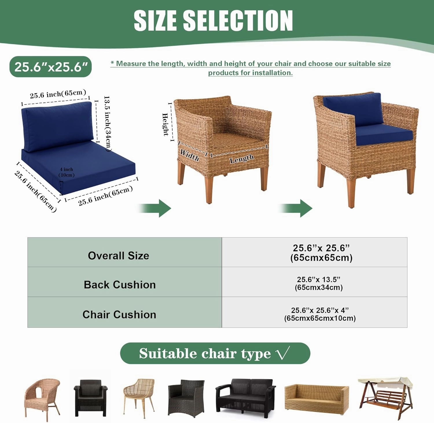 Patio Furniture Cushions Replacement Set of 2, Outdoor Deep Seat Couch Cushion and Backrest Pillow with Waterproof Removable Cover for Sectional Sofa Set, 25.6 x 25.6 Inch, Navy