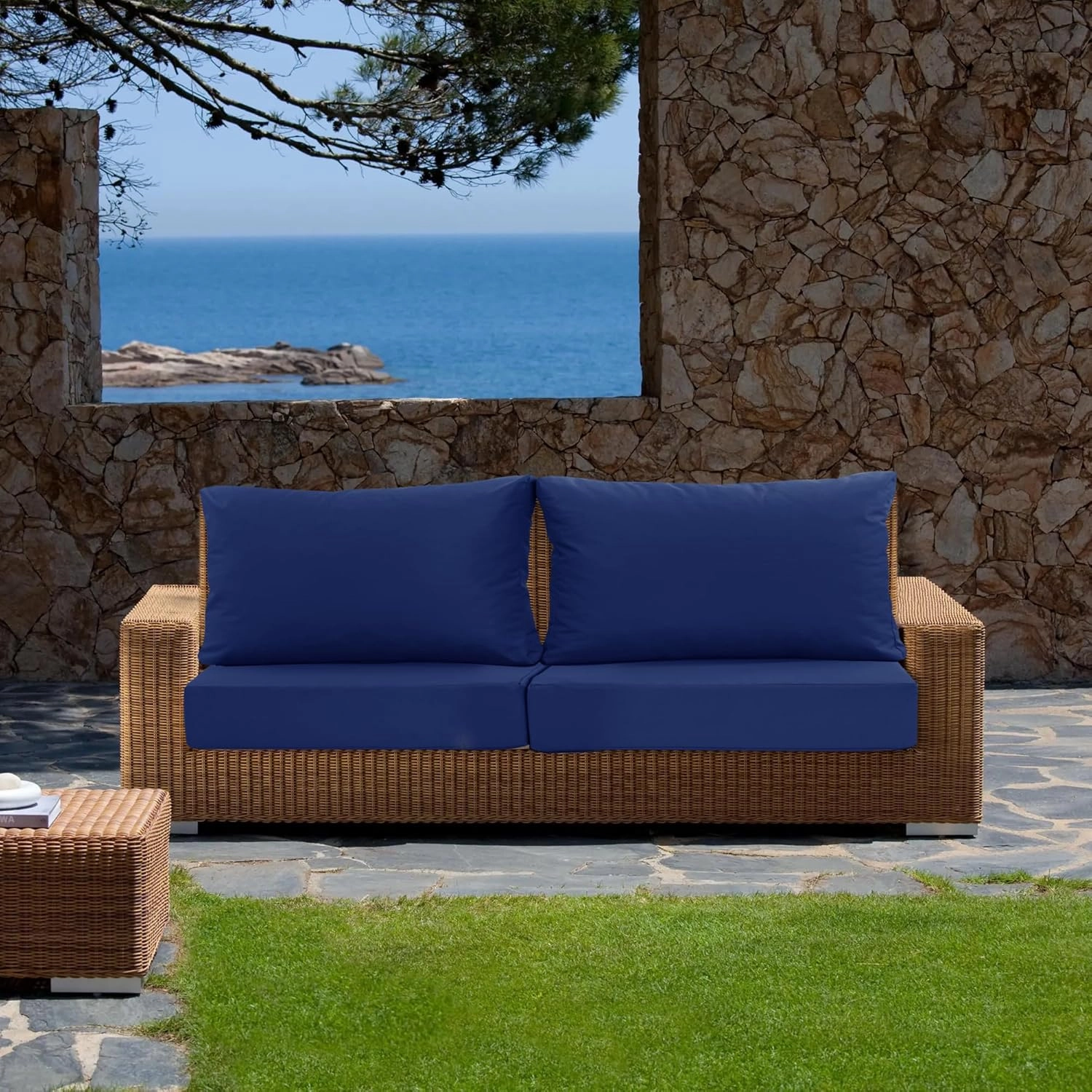 Patio Furniture Cushions Replacement Set of 2, Outdoor Deep Seat Couch Cushion and Backrest Pillow with Waterproof Removable Cover for Sectional Sofa Set, 25.6 x 25.6 Inch, Navy