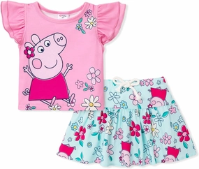 Peppa Pig Toddler Girl 2pcs Outfits Ruffled Top and Floral Print Skirt Set Clothes Set 2-6 Years