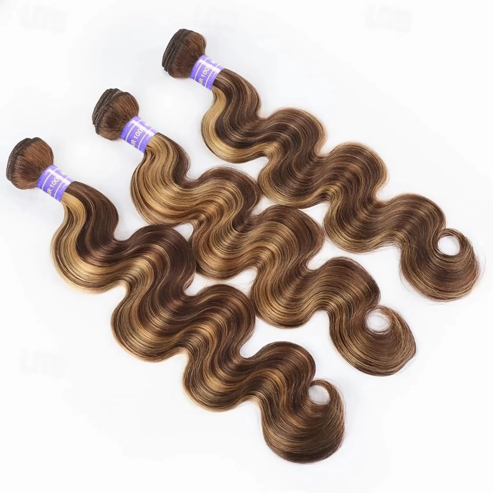 Perstar Highlight Human Hair Bundles Honey Blonde Body Wave 3 Bundles 16 18 20 Inches 100% Brazilian Virgin Hair Ombre 4/27 for Women Colored Human Hair Sew In Weave