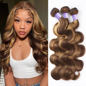 Perstar Highlight Human Hair Bundles Honey Blonde Body Wave 3 Bundles 16 18 20 Inches 100% Brazilian Virgin Hair Ombre 4/27 for Women Colored Human Hair Sew In Weave