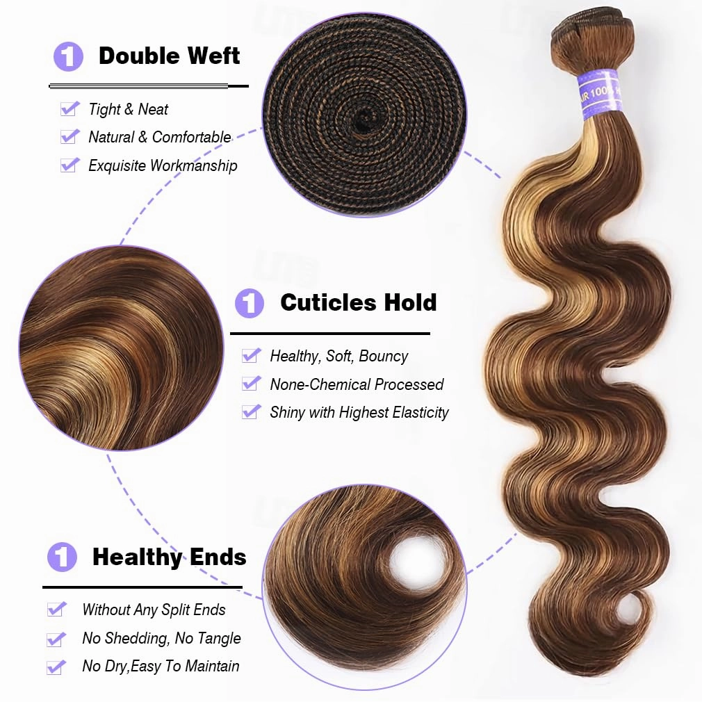 Perstar Highlight Human Hair Bundles Honey Blonde Body Wave 3 Bundles 16 18 20 Inches 100% Brazilian Virgin Hair Ombre 4/27 for Women Colored Human Hair Sew In Weave