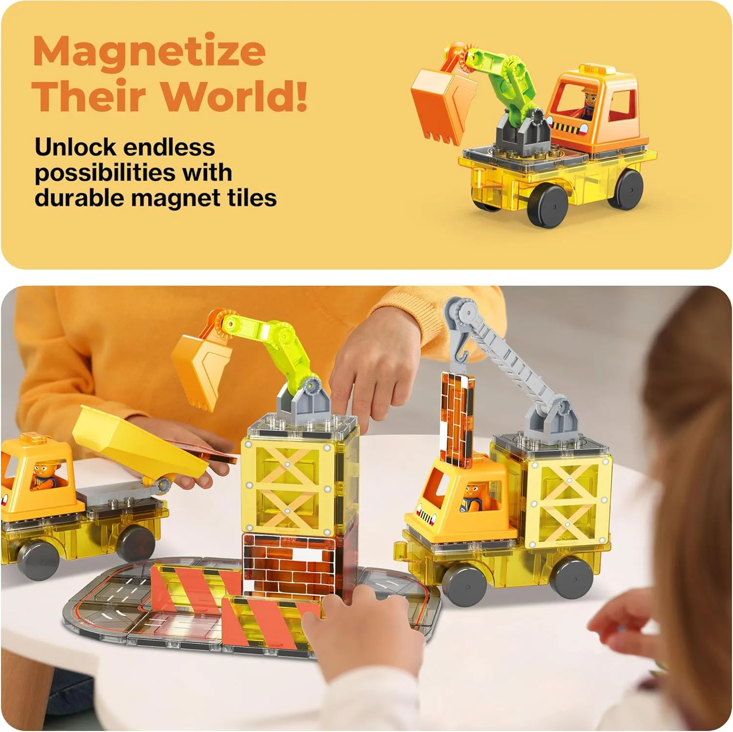 PicassoTiles Magnet Tile Construction Themed Building Blocks 5-in-1 Crane, Ladder, Dump Truck, Excavator, and Backhoe Action Figures, 2 Car Base Vehicles Magnetic Tiles Learning Toys Kids Ages3  PTU06