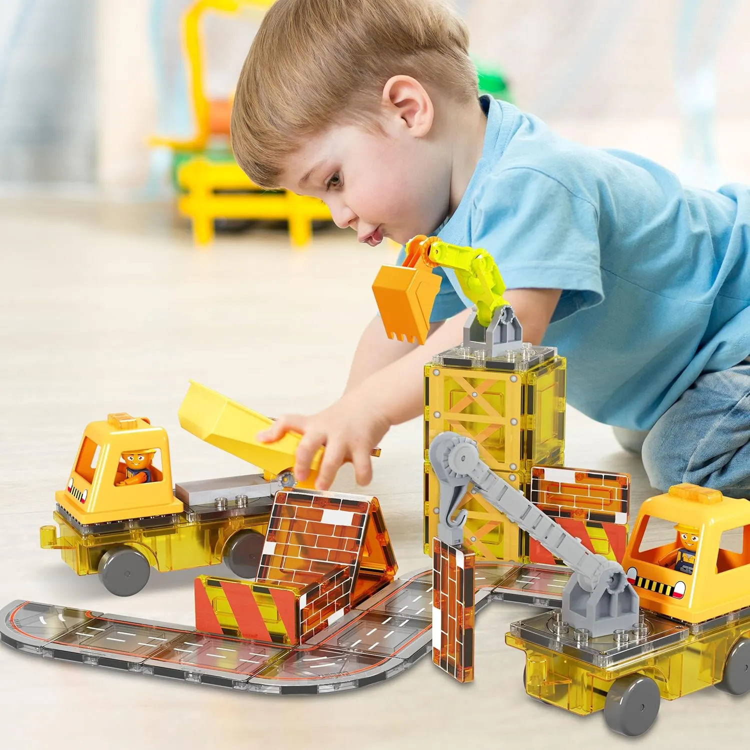 PicassoTiles Magnet Tile Construction Themed Building Blocks 5-in-1 Crane, Ladder, Dump Truck, Excavator, and Backhoe Action Figures, 2 Car Base Vehicles Magnetic Tiles Learning Toys Kids Ages3  PTU06
