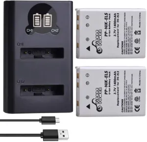 Pickle Power EN-EL5 Batteries, 2 Pack 1400mAh EL5 Battery and Smart LED Dual USB Charger for Nikon CoolPix 3700,4200,5200,5900,7900,P100,P500,P510,P520,P530,P5000,P5100,P6000 Cameras
