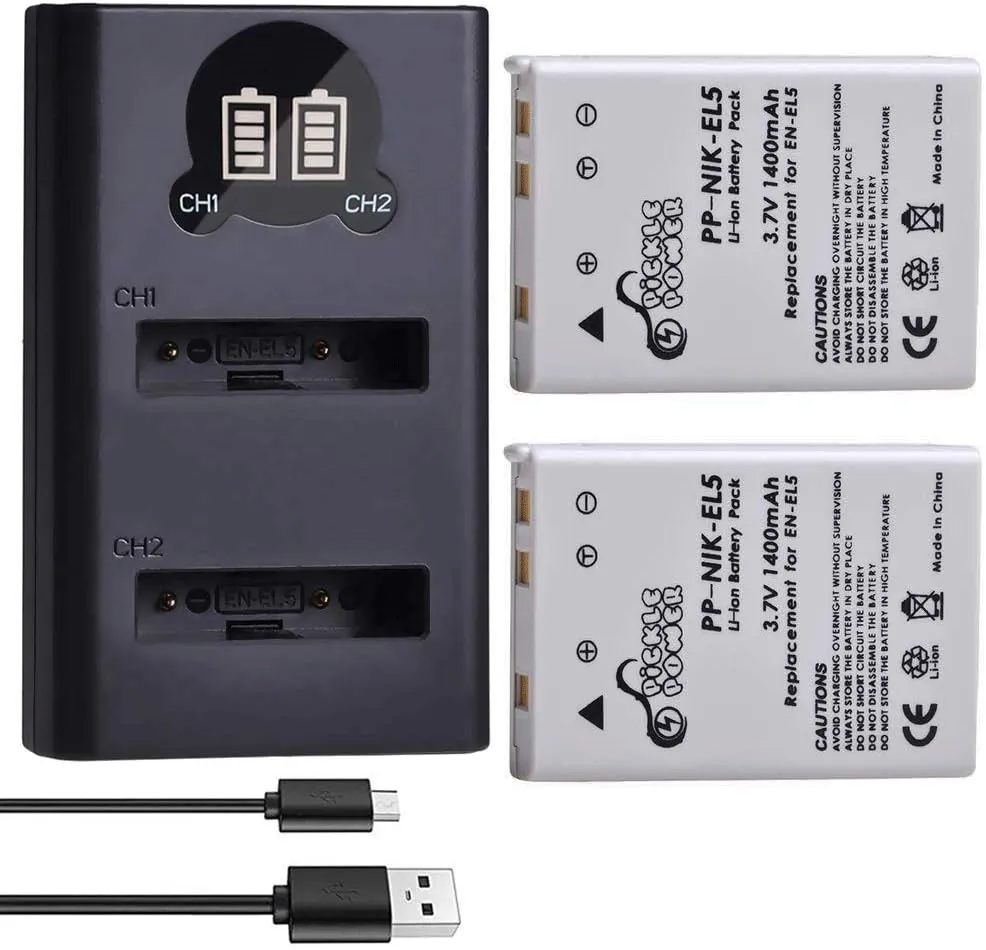 Pickle Power EN-EL5 Batteries, 2 Pack 1400mAh EL5 Battery and Smart LED Dual USB Charger for Nikon CoolPix 3700,4200,5200,5900,7900,P100,P500,P510,P520,P530,P5000,P5100,P6000 Cameras