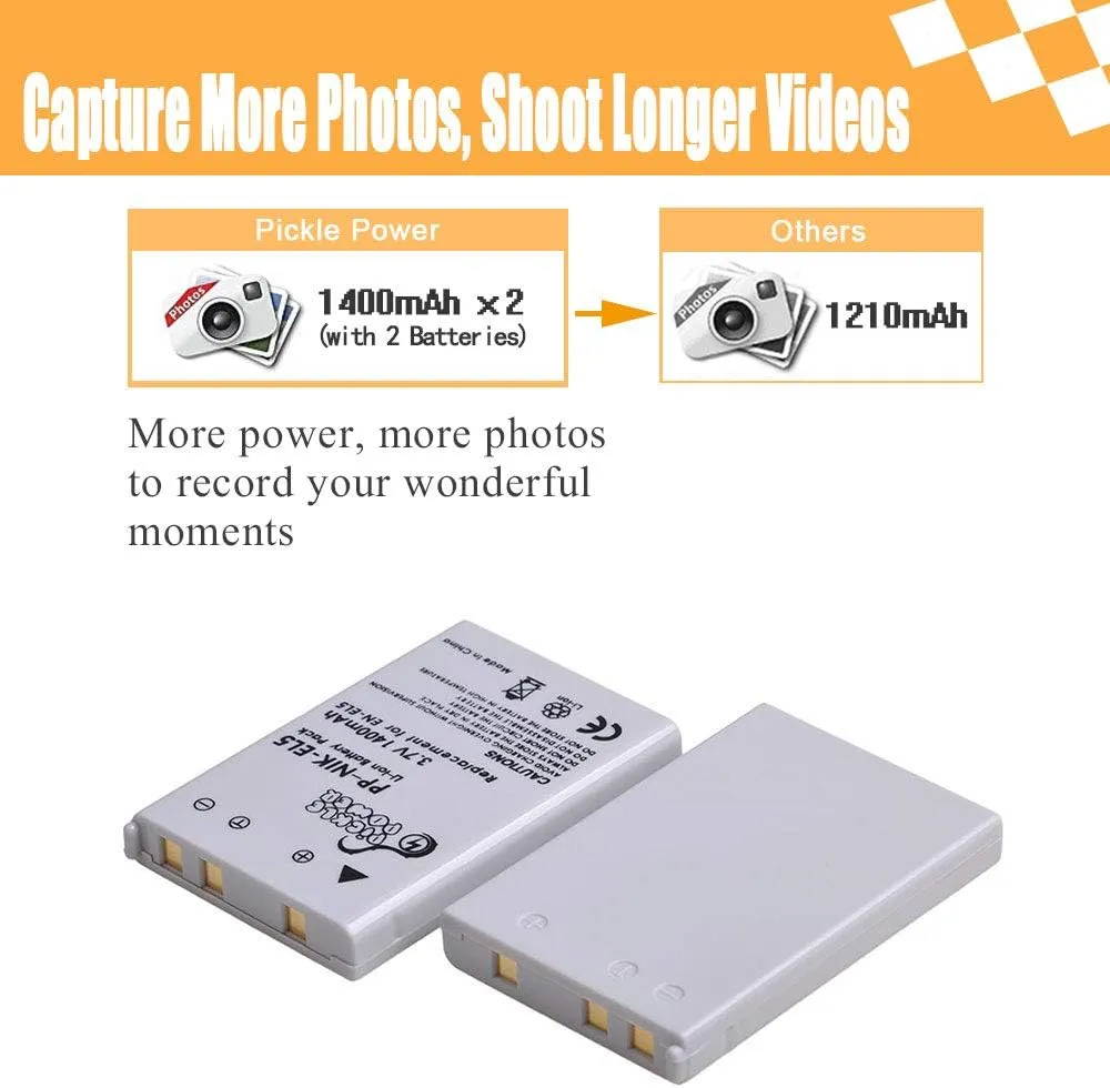 Pickle Power EN-EL5 Batteries, 2 Pack 1400mAh EL5 Battery and Smart LED Dual USB Charger for Nikon CoolPix 3700,4200,5200,5900,7900,P100,P500,P510,P520,P530,P5000,P5100,P6000 Cameras