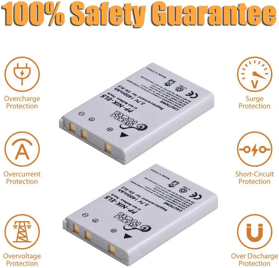 Pickle Power EN-EL5 Batteries, 2 Pack 1400mAh EL5 Battery and Smart LED Dual USB Charger for Nikon CoolPix 3700,4200,5200,5900,7900,P100,P500,P510,P520,P530,P5000,P5100,P6000 Cameras