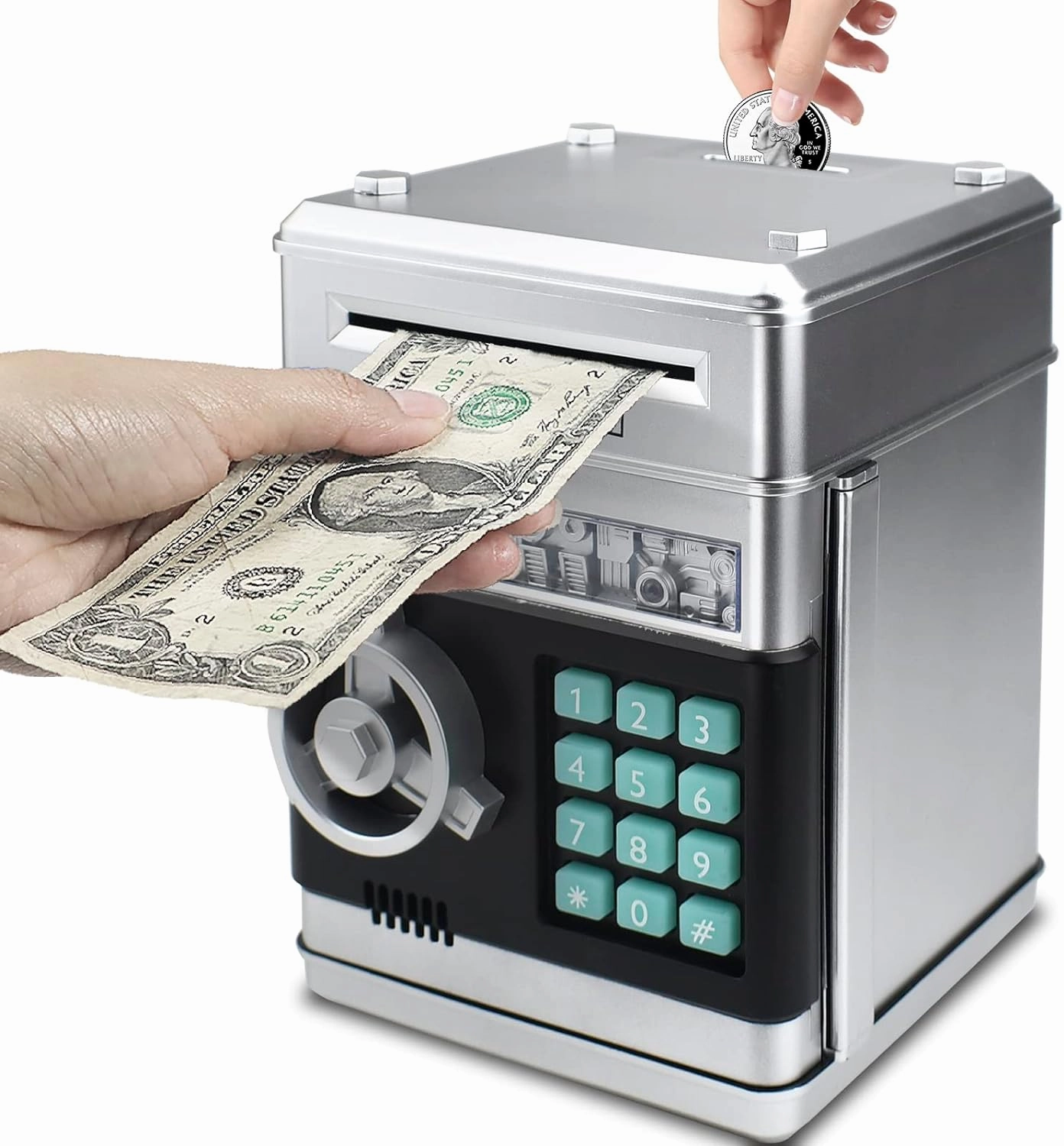Piggy Bank Electronic Mini ATM for Kids Toy, Safe Money Saving Box Coin Banks Password Code Lock for Children, Boys Girls Ideal Gift (Silver)