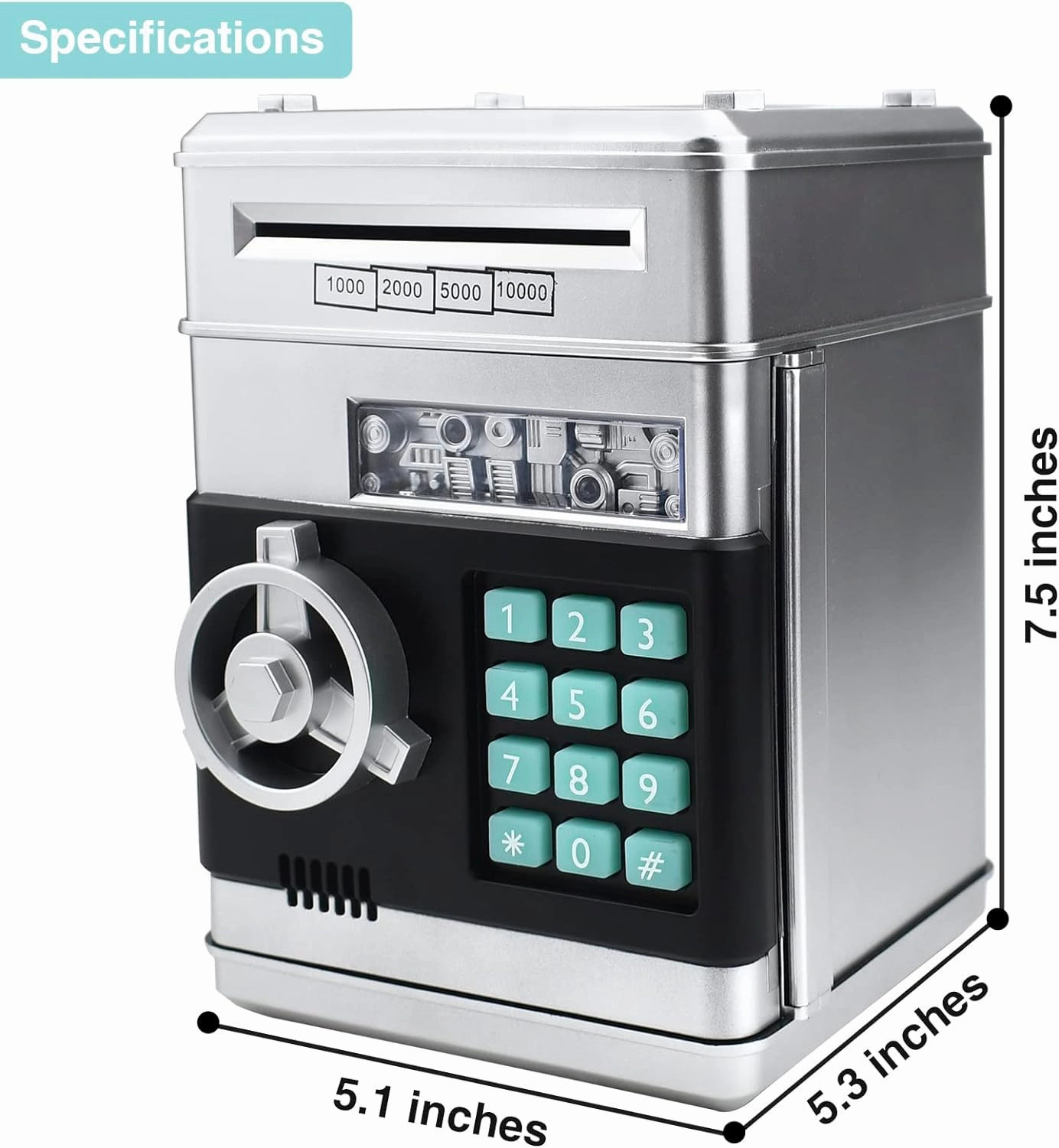 Piggy Bank Electronic Mini ATM for Kids Toy, Safe Money Saving Box Coin Banks Password Code Lock for Children, Boys Girls Ideal Gift (Silver)