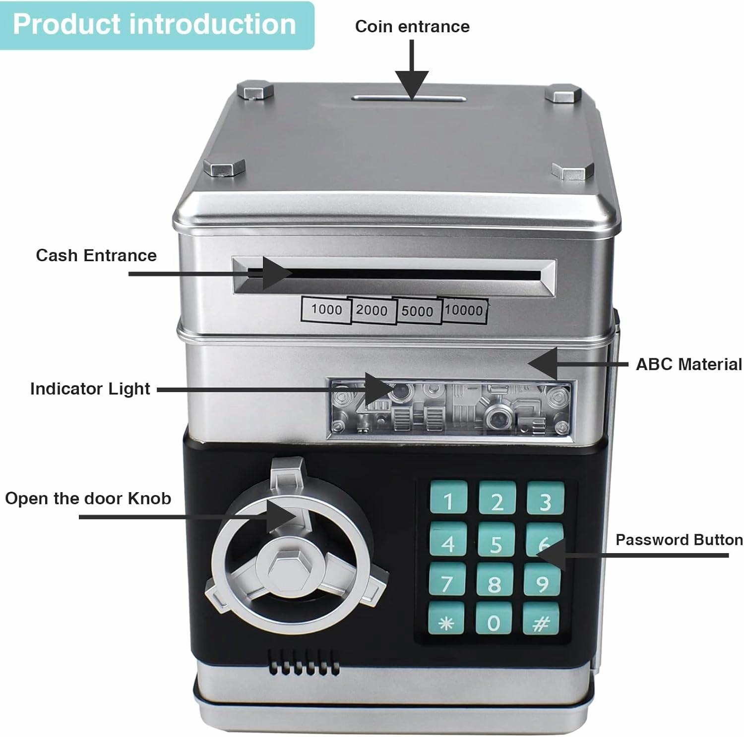 Piggy Bank Electronic Mini ATM for Kids Toy, Safe Money Saving Box Coin Banks Password Code Lock for Children, Boys Girls Ideal Gift (Silver)