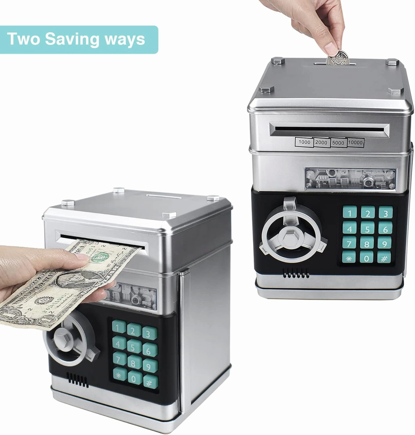 Piggy Bank Electronic Mini ATM for Kids Toy, Safe Money Saving Box Coin Banks Password Code Lock for Children, Boys Girls Ideal Gift (Silver)