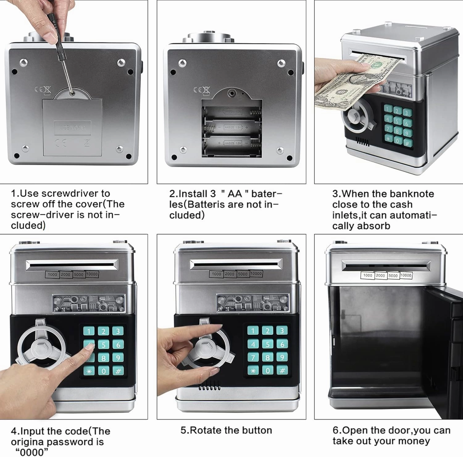 Piggy Bank Electronic Mini ATM for Kids Toy, Safe Money Saving Box Coin Banks Password Code Lock for Children, Boys Girls Ideal Gift (Silver)