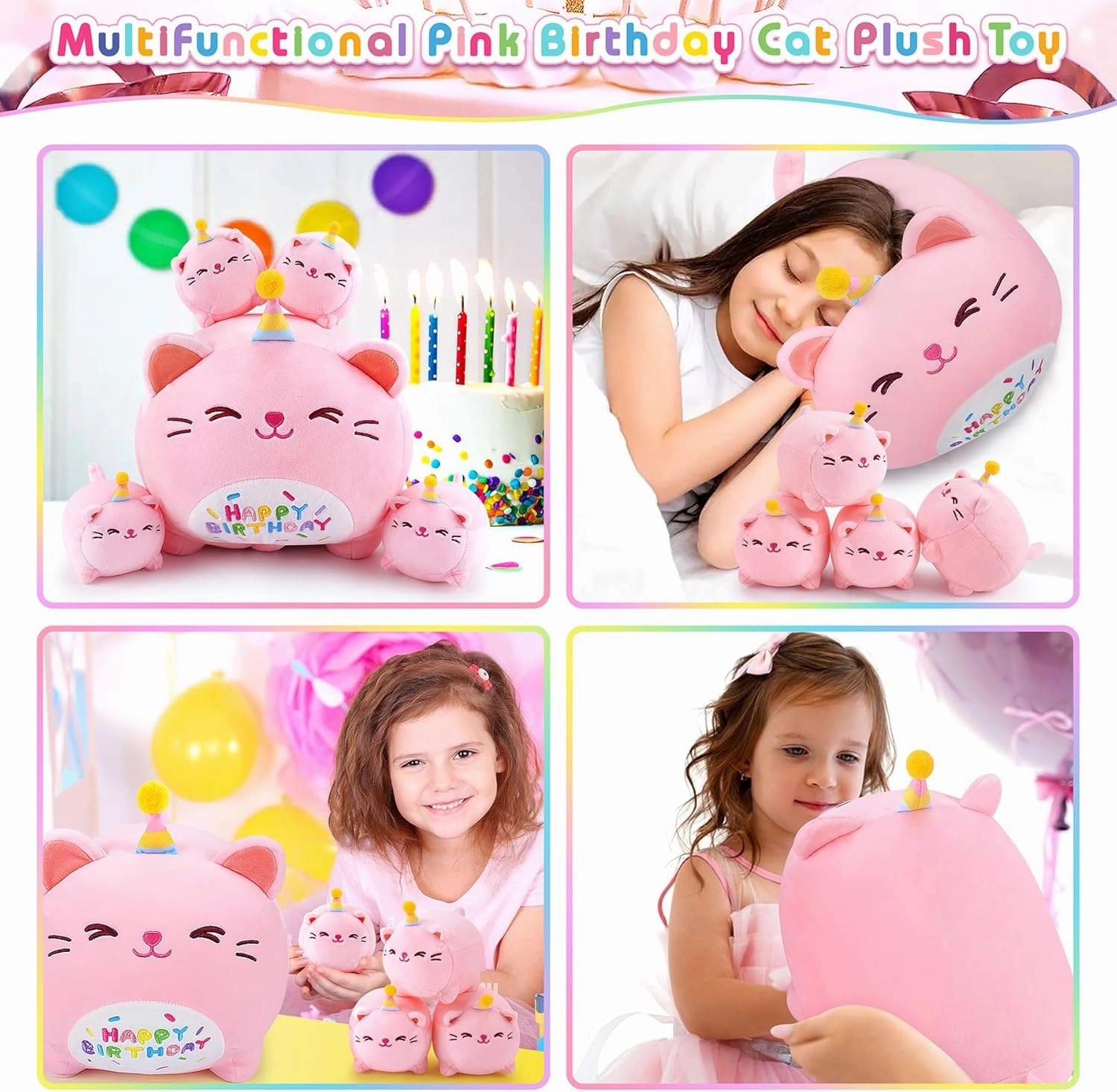 Pink Birthday Cat Plush, 5 PCS Cat Plush Stuffed Animal Family, 16" Pink Cat Mommy White Cat with 4 Baby Kittens Cat Plushies,Kawaii Cat Plush Toy Christmas Birthday Gifts for Kids Boys Girls