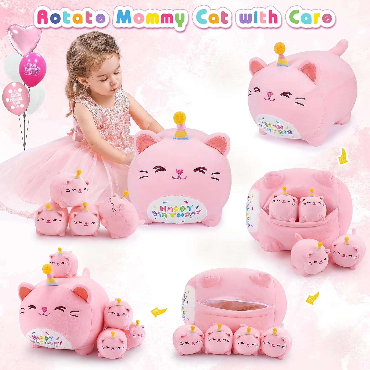 Pink Birthday Cat Plush, 5 PCS Cat Plush Stuffed Animal Family, 16" Pink Cat Mommy White Cat with 4 Baby Kittens Cat Plushies,Kawaii Cat Plush Toy Christmas Birthday Gifts for Kids Boys Girls