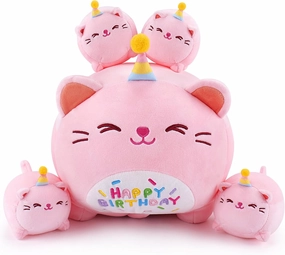 Pink Birthday Cat Plush, 5 PCS Cat Plush Stuffed Animal Family, 16" Pink Cat Mommy White Cat with 4 Baby Kittens Cat Plushies,Kawaii Cat Plush Toy Christmas Birthday Gifts for Kids Boys Girls