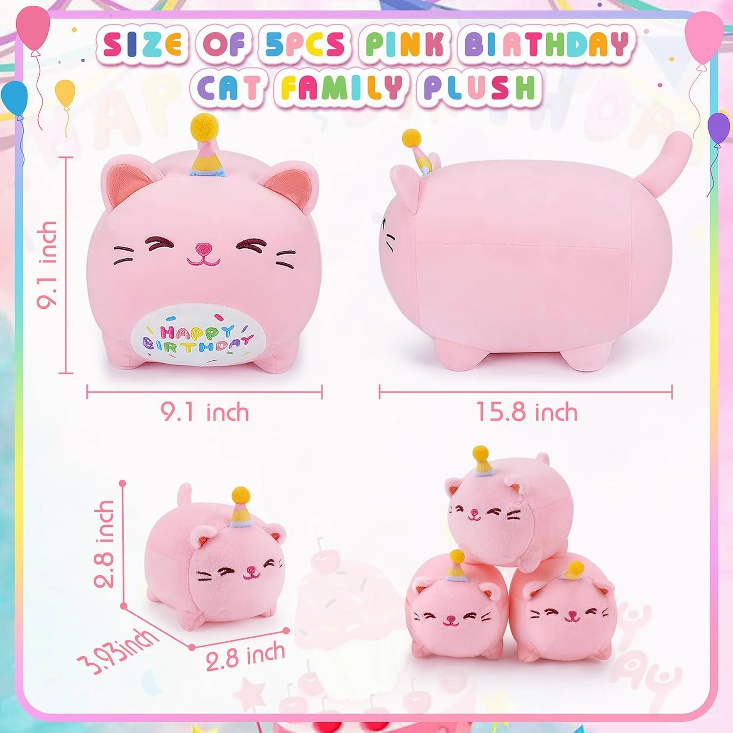 Pink Birthday Cat Plush, 5 PCS Cat Plush Stuffed Animal Family, 16" Pink Cat Mommy White Cat with 4 Baby Kittens Cat Plushies,Kawaii Cat Plush Toy Christmas Birthday Gifts for Kids Boys Girls