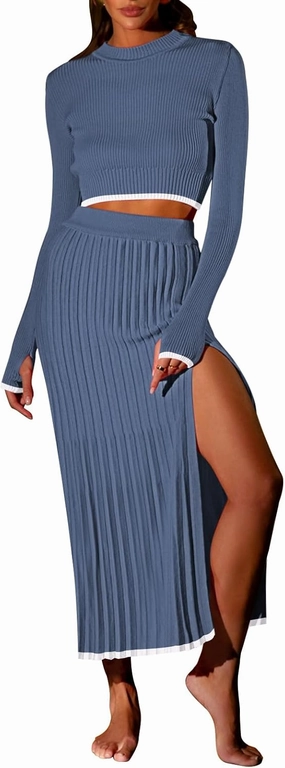 Pink Queen 2 Piece Skirt Outfits for Women Knit Sweater Crop Top Bodycon Party Cocktail Fall Blazer Dresses