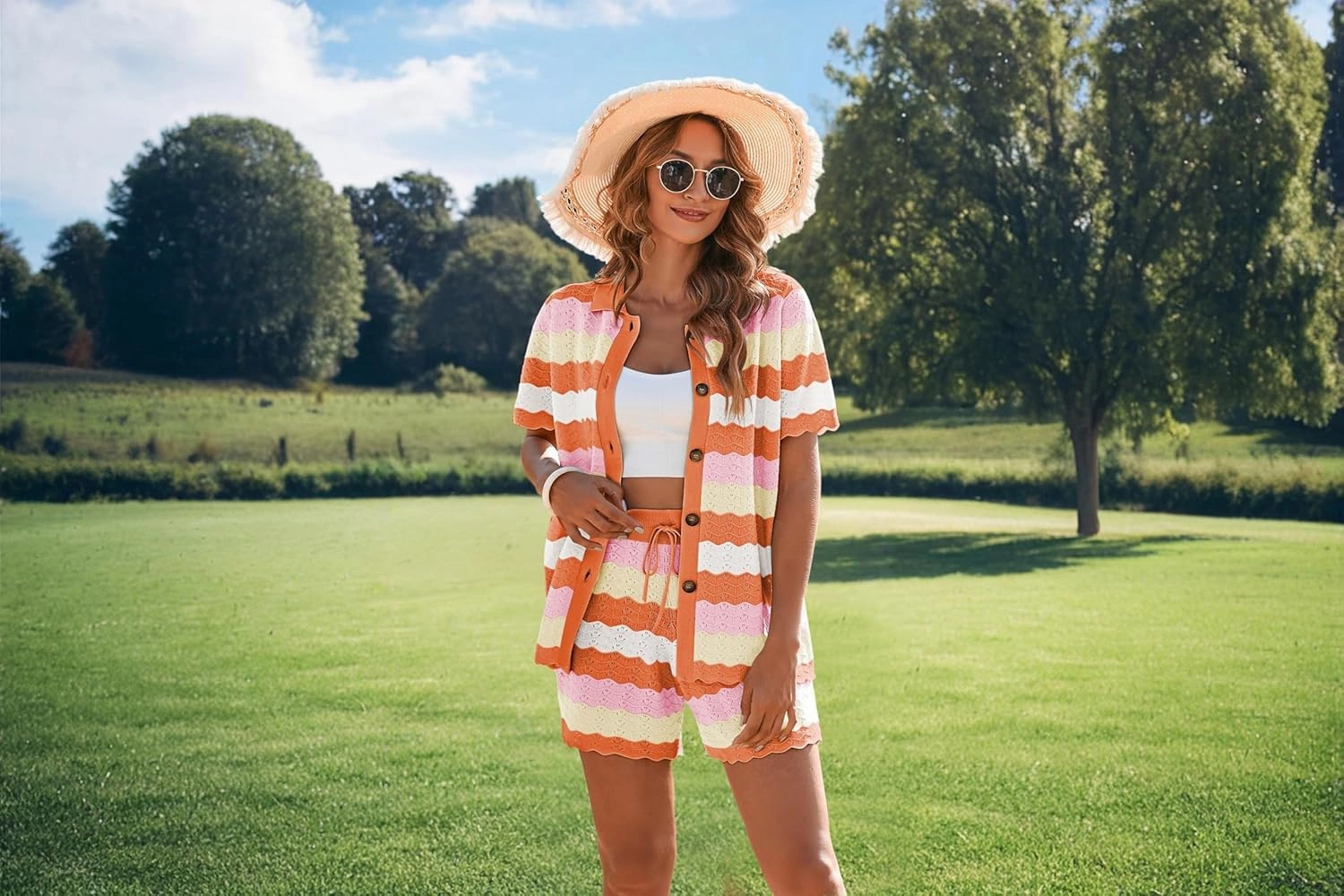 Pink Queen Women Knit Shorts Set 2 Piece Outfits Short Sleeve Button Down Sweater Top and Shorts Lounge Set