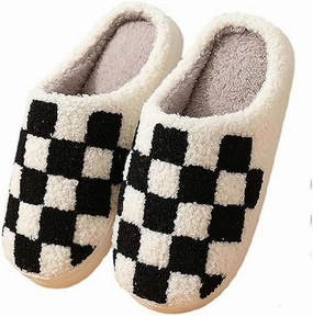 Plaid Slippers, Home Slippers for Women and Men, Fluffy Memory Foam, Indoor/Outdoor, Warm Velvet (black, Adult, Women, 6.5, Numeric, US Footwear Size System, Medium)