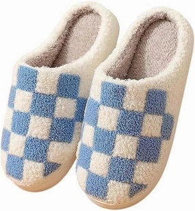 Plaid Slippers, Home Slippers for Women and Men, Fluffy Memory Foam, Indoor/Outdoor, Warm Velvet (blue, Adult, Women, 9, Numeric, US Footwear Size System, Medium)