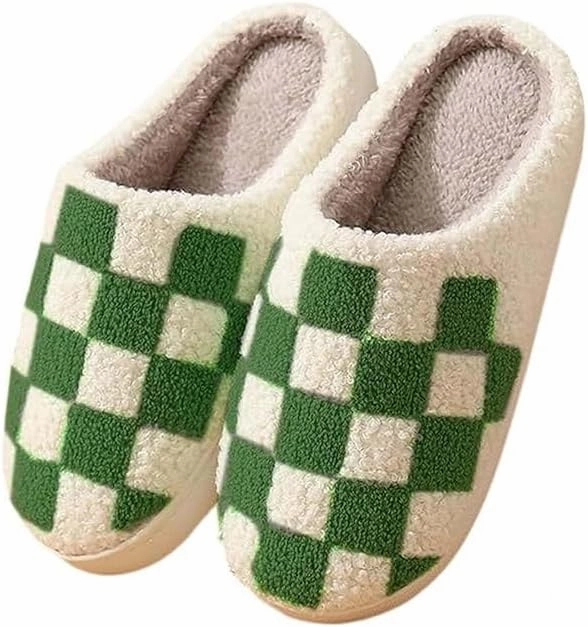 Plaid Slippers, Home Slippers for Women and Men, Fluffy Memory Foam, Indoor/Outdoor, Warm Velvet (green, Adult, Women, 6.5, Numeric, US Footwear Size System, Medium)